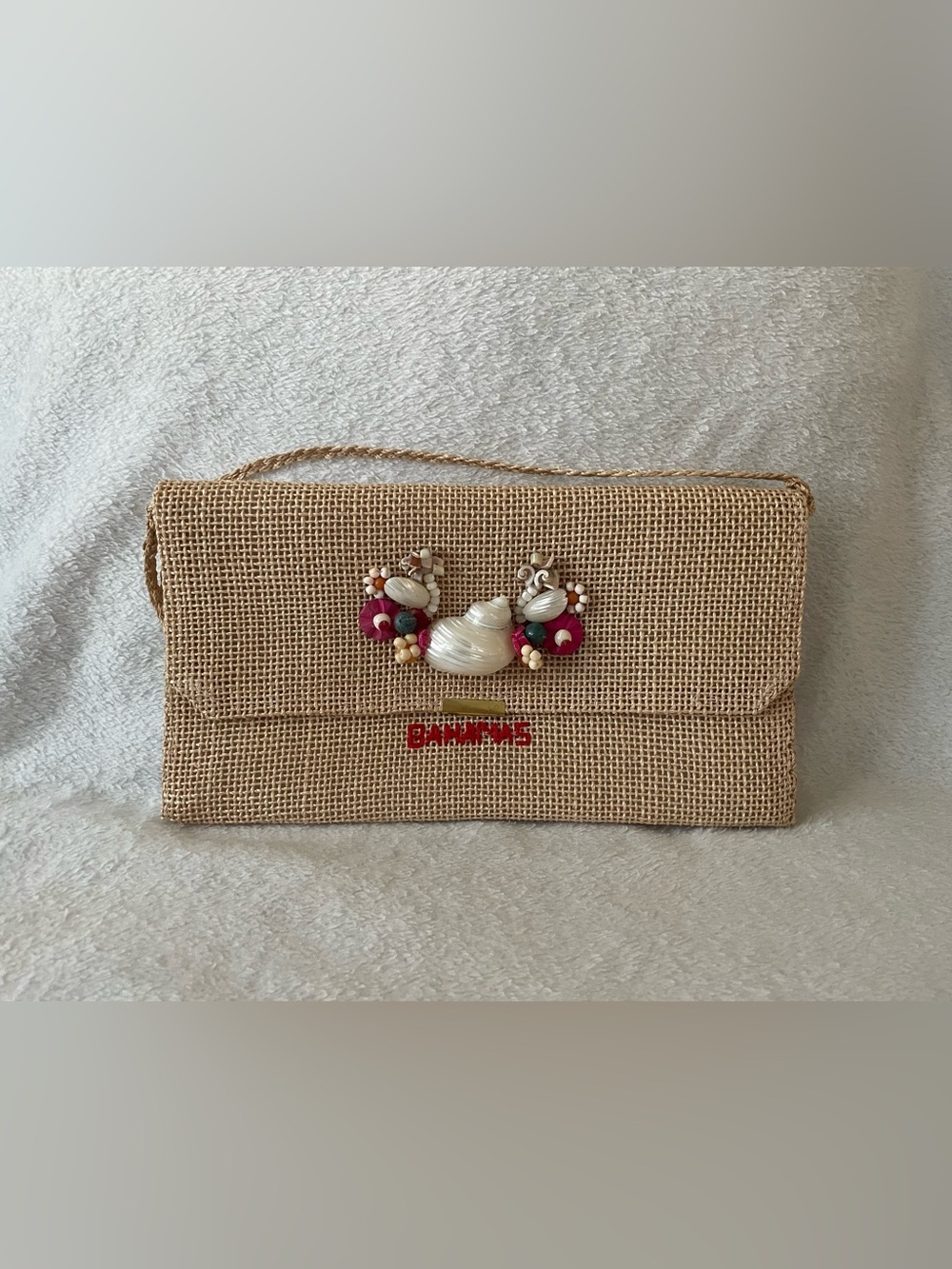 NEW Bahamas Embellished Straw Clutch Bag in Natural with Pink Accents 11.5x6 in